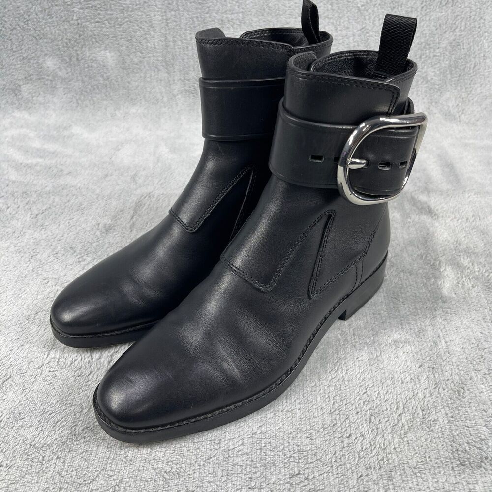Alexander Wang Boots Women 7 Black Leather Ankle Buckle Moto Goth Edgy Luxury - Picture 2 of 14
